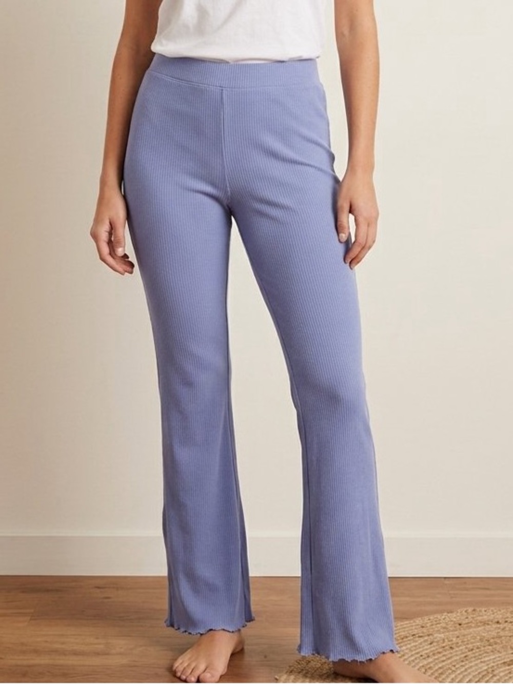 Wildfox Cora Ribbed High-Waist Flare Pants in Light Blue Dusk Size Large